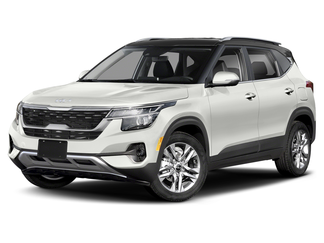 2023 Kia Seltos S in Clear White/Black Roof — front three-quarter view