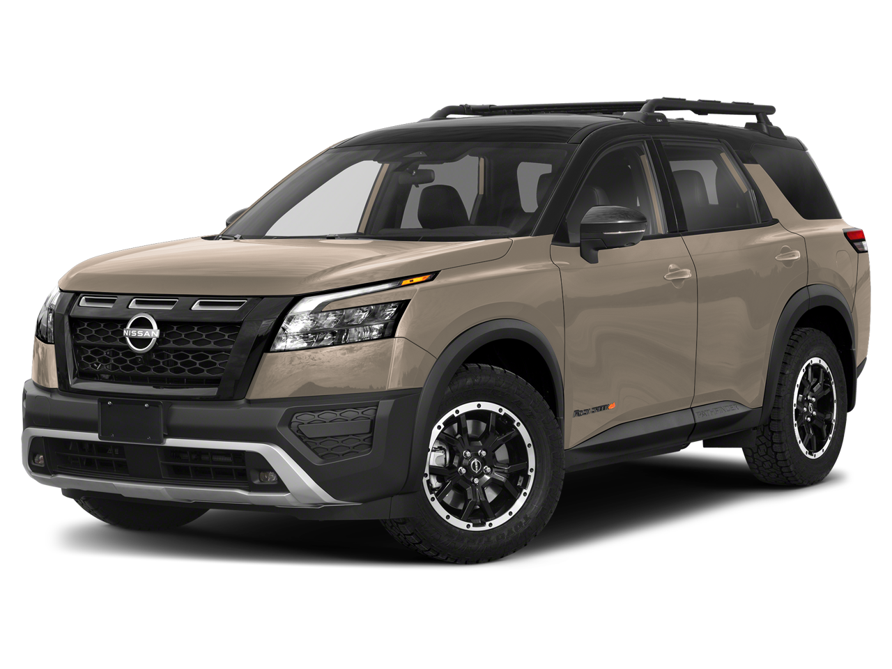 2024 Nissan Pathfinder Rock Creek in Baja Storm/Super Black Roof — front three-quarter view