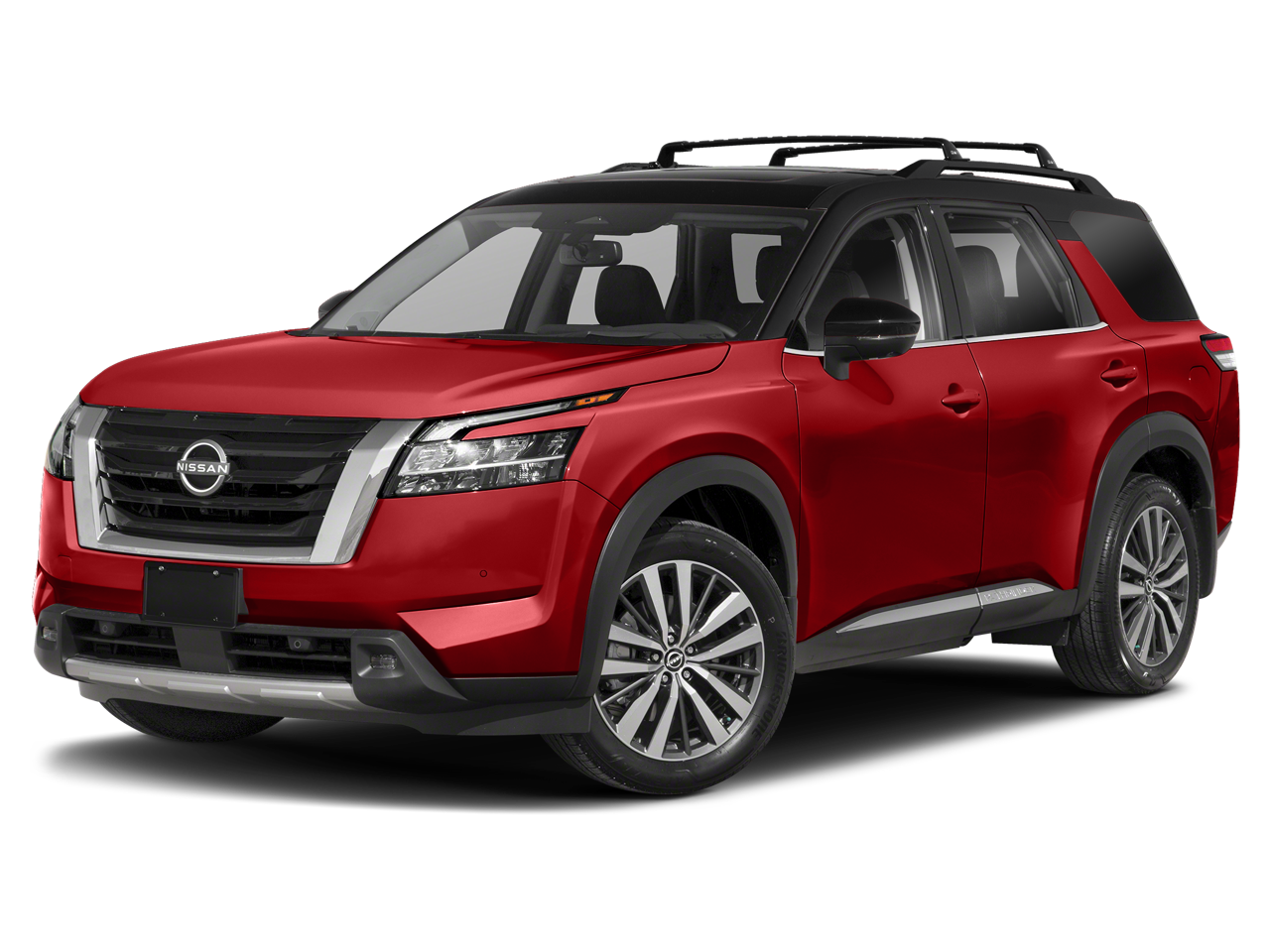 2024 Nissan Pathfinder Platinum in Scarlet Ember Tintcoat/Super Black — front three-quarter view