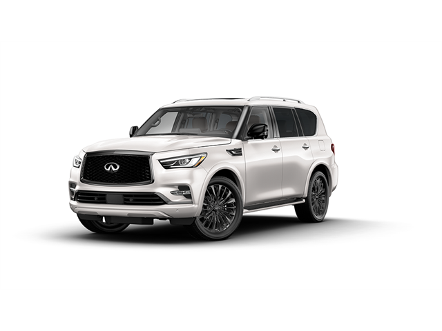 2023 INFINITI QX80 Premium Select in Moonstone White — front three-quarter view
