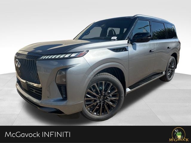 2026 INFINITI QX80 AUTOGRAPH in Dynamic Metal/Black Obsidian — front three-quarter view