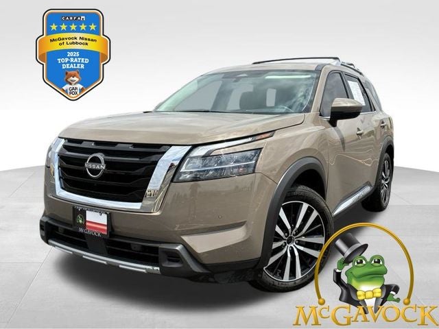 2023 Nissan Pathfinder Platinum in Baja Storm — front three-quarter view