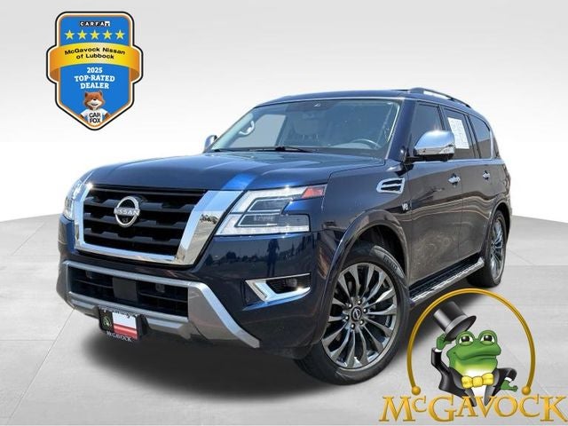 2022 Nissan Armada Platinum in Hermosa Blue Pearl — front three-quarter view
